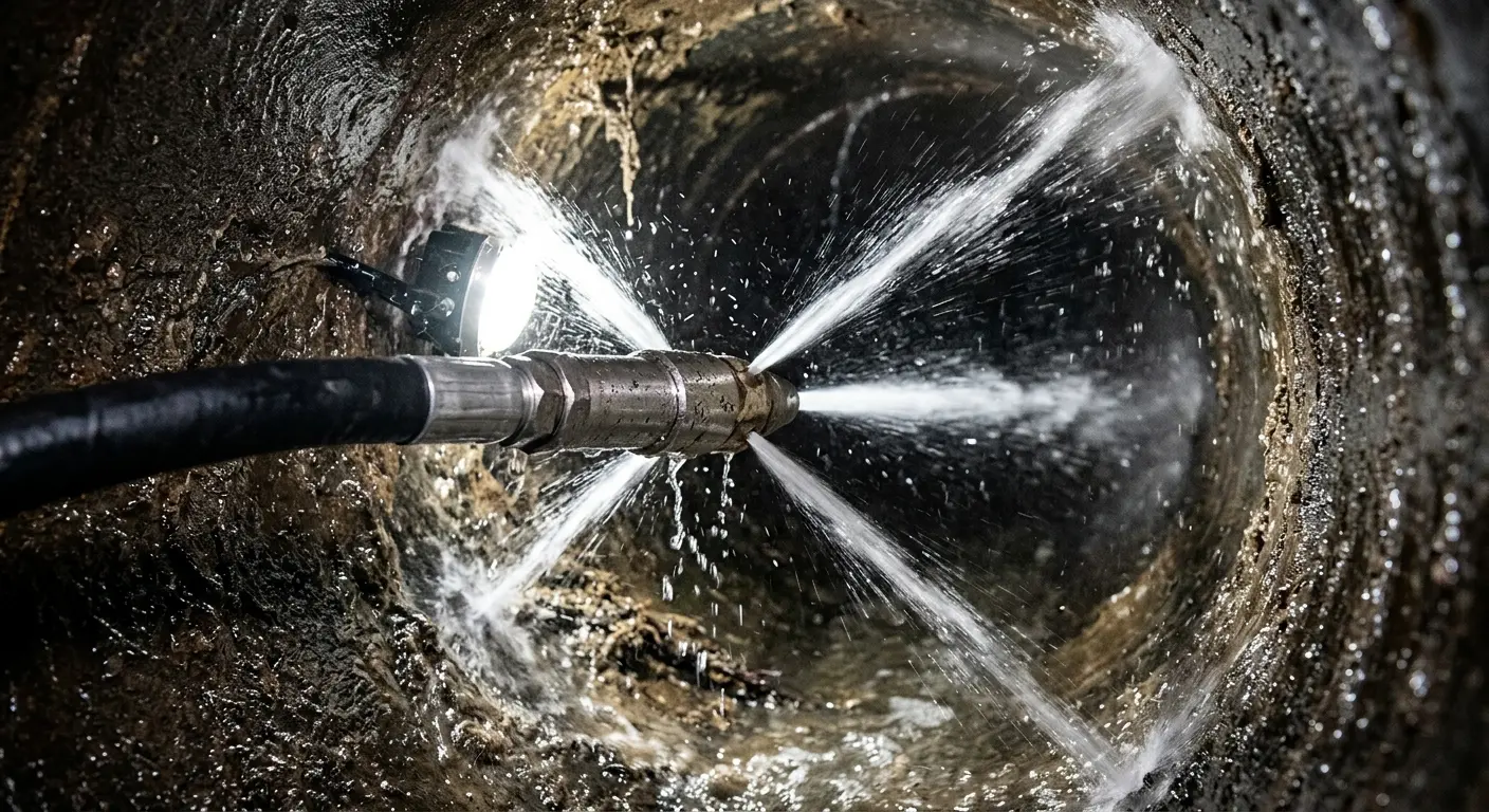 High-pressure hydro jetting nozzle cleaning sewer pipe for Trenchless Sewer Repair in Corcoran