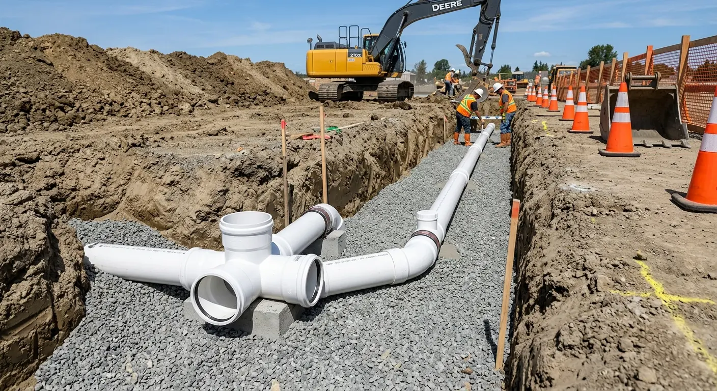 New PVC sewer pipe installation in open trench for Commercial Drain Cleaning in Corcoran
