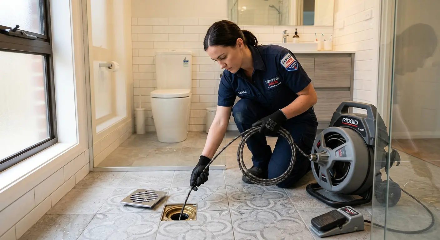 Technician clearing a bathroom floor drain for Clogged Drain Repair in Corcoran